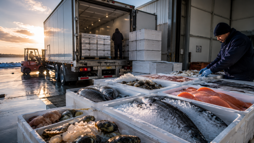 Perishable Goods Transport - Seafood Cold Chain Seafood shipments packed in insulated boxes near a refrigerated truck for perishable goods transport